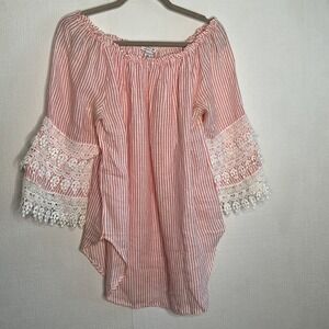 SAKS Fifth Avenue Bohemian Linen Top Women's Size M Off‎ The Shoulder Tunic Lace